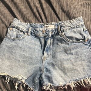 Garage Light Wash High-Rise Denim Shorts with Frayed Hem